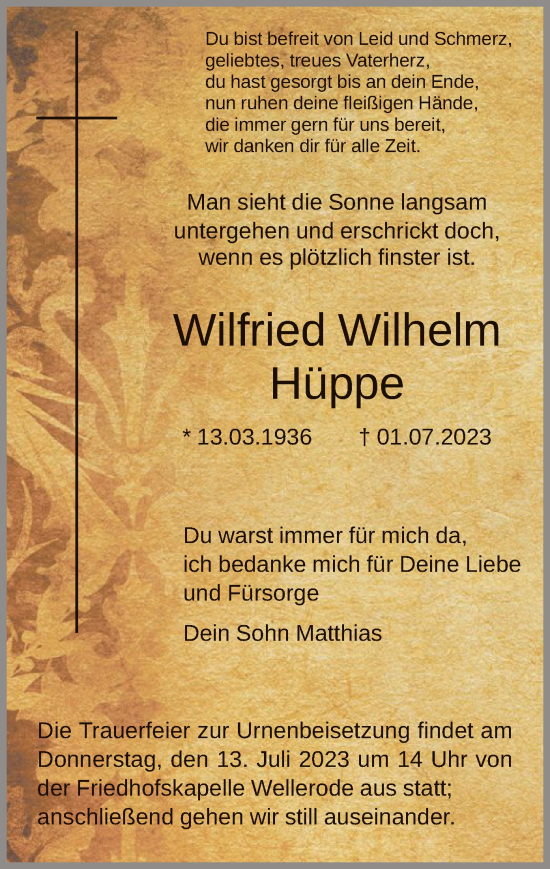 Todesanzeige von Wilfried Wilhelm Hüppe von HNA