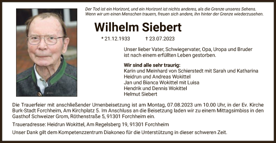 Todesanzeige von Wilhelm Siebert von HNA