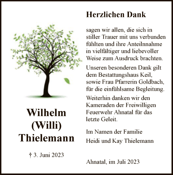Todesanzeige von Wilhelm Thielemann von HNA