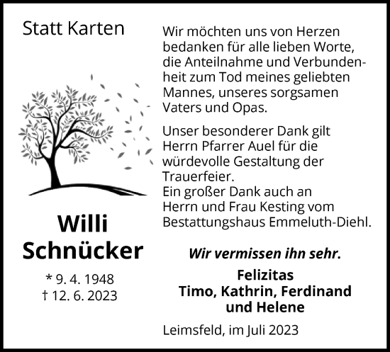 Todesanzeige von Willi Schnücker von HNA