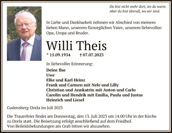 Todesanzeige von Willi Theis von HNA