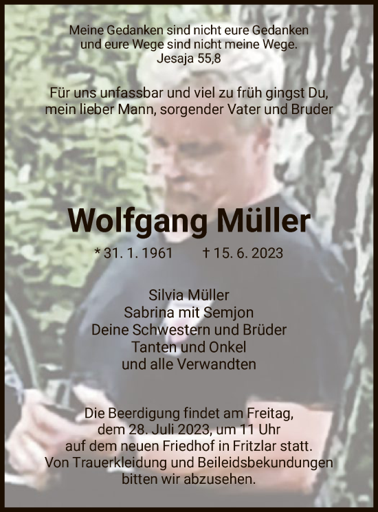 Todesanzeige von Wolfgang Müller von HNA