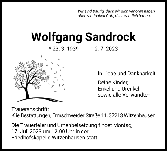 Todesanzeige von Wolfgang Sandrock von HNA
