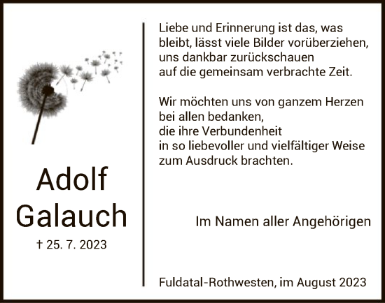 Todesanzeige von Adolf Galauch von HNA