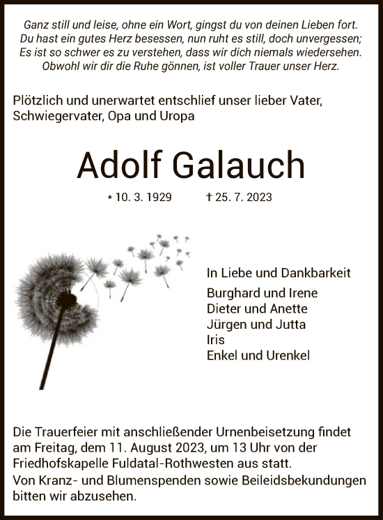 Todesanzeige von Adolf Galauch von HNA