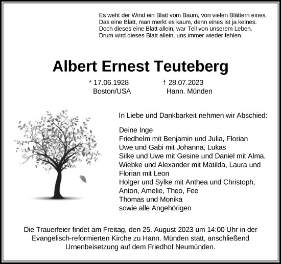 Todesanzeige von Albert Ernest Teuteberg von HNA