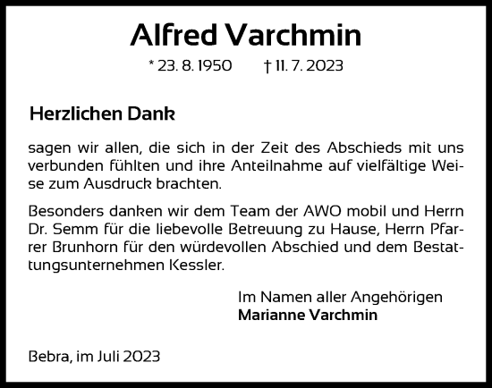 Todesanzeige von Alfred Varchmin von HNA