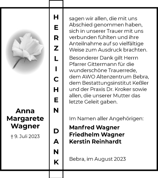 Todesanzeige von Anna Margarete Wagner von HNA