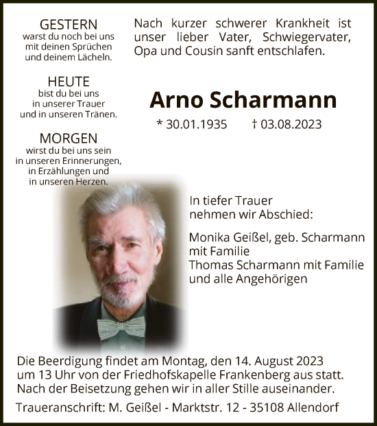 Todesanzeige von Arno Scharmann von HNA