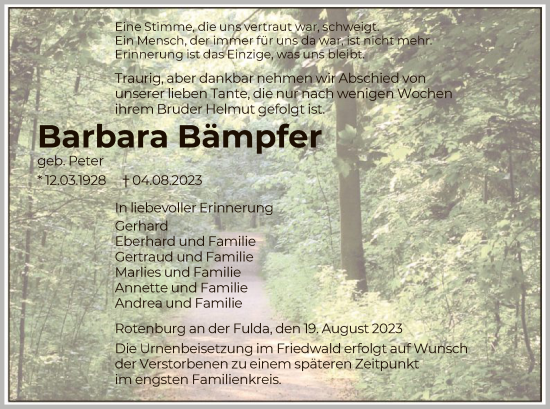 Todesanzeige von Barbara Bämpfer von HNA