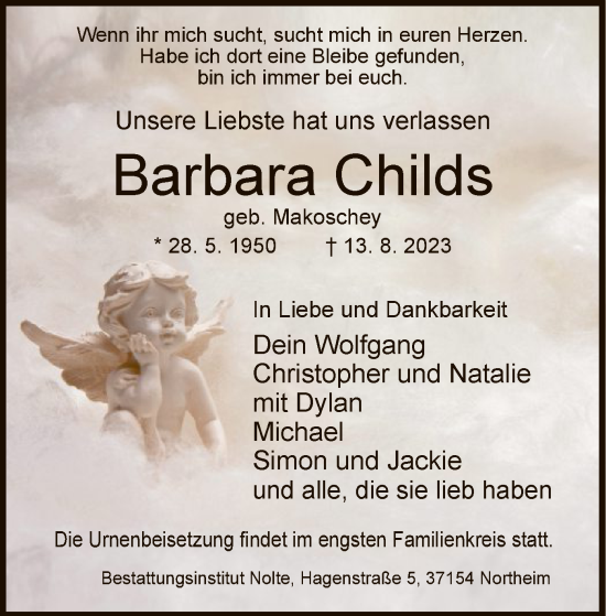 Todesanzeige von Barbara Childs von HNA