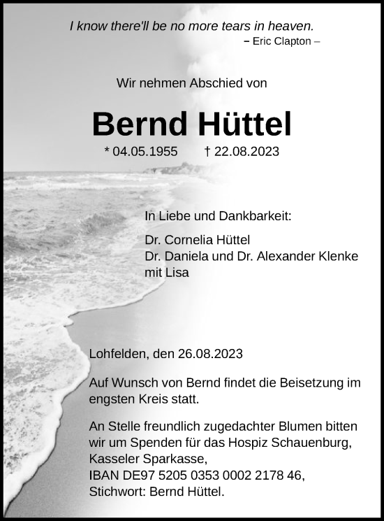 Todesanzeige von Bernd Hüttel von HNA