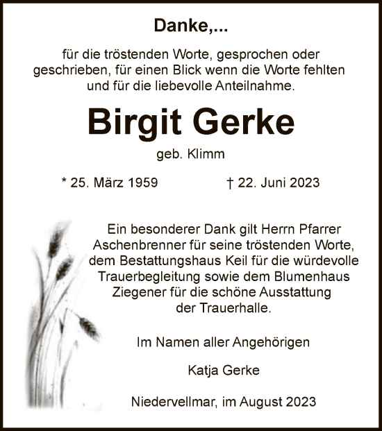 Todesanzeige von Birgit Gerke von HNA