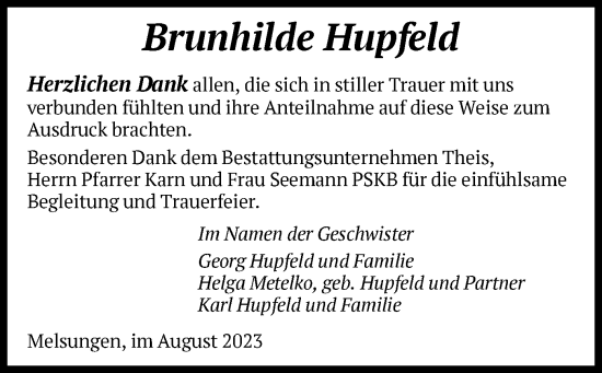 Todesanzeige von Brunhilde Hupfeld von HNA