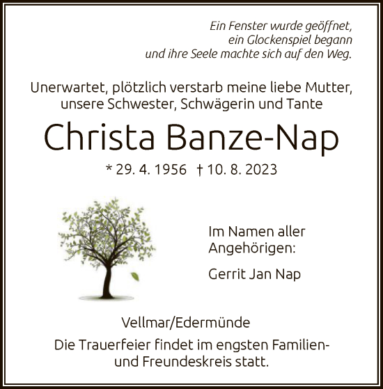 Todesanzeige von Christa Banze-Nap von HNA