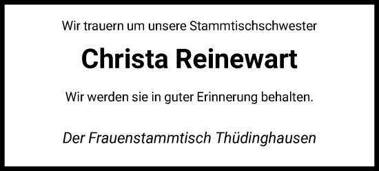 Todesanzeige von Christa Reinewart von HNA