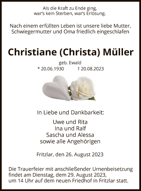 Todesanzeige von Christiane Müller von HNA