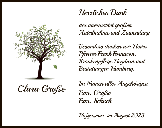 Todesanzeige von Clara Große von HNA