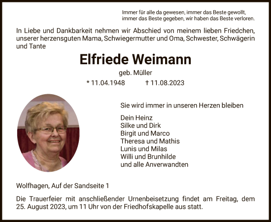 Todesanzeige von Elfriede Weimann von HNA