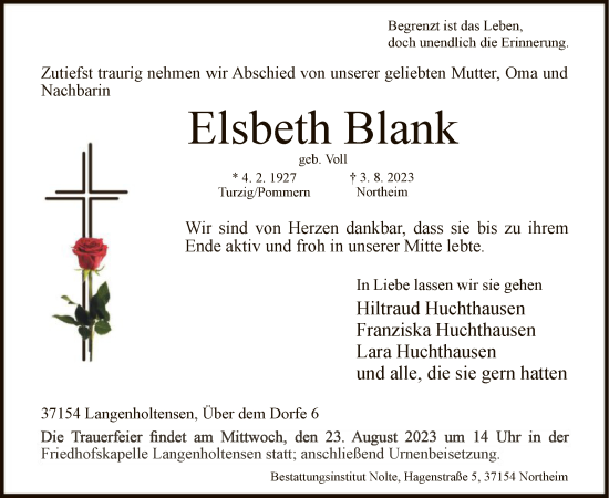 Todesanzeige von Elsbeth Blank von HNA
