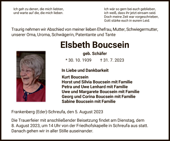 Todesanzeige von Elsbeth Boucsein von HNA
