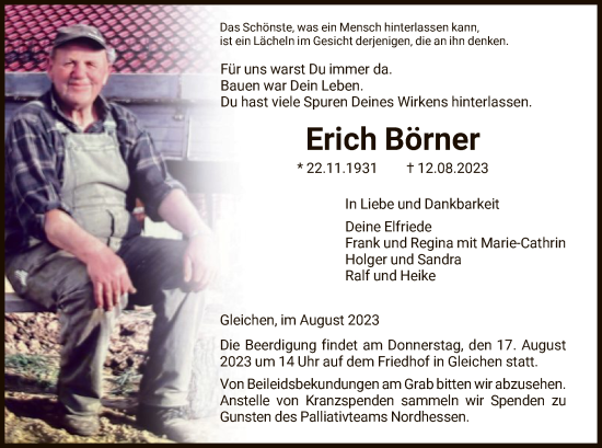 Todesanzeige von Erich Börner von HNA