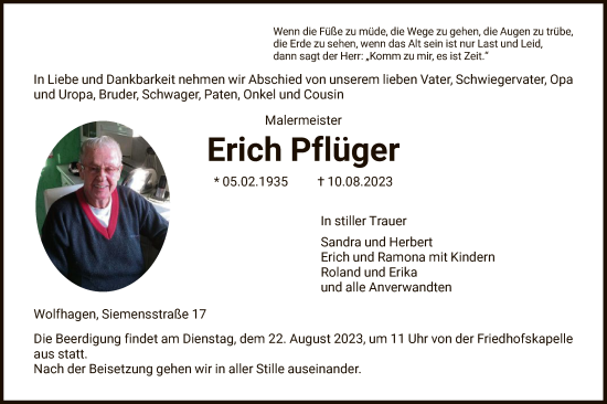 Todesanzeige von Erich Pflüger von HNA