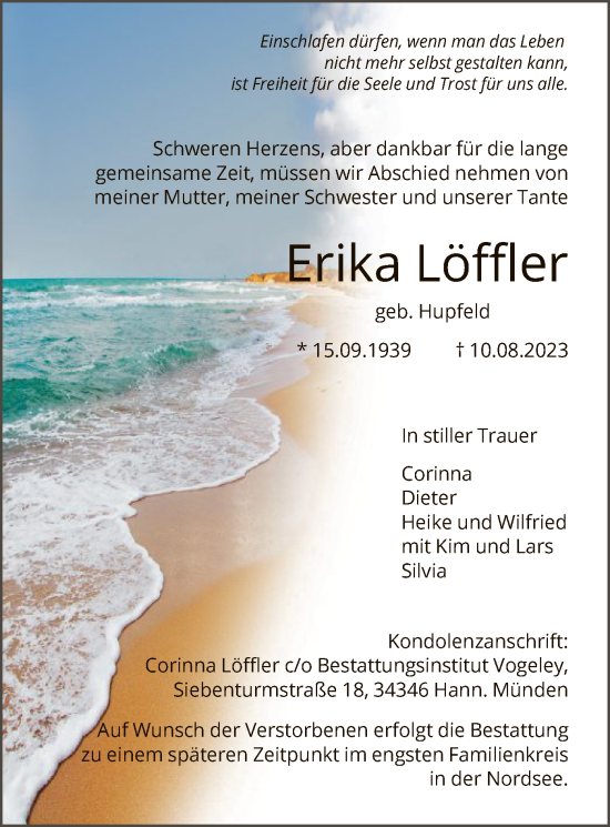 Todesanzeige von Erika Löffler von HNA