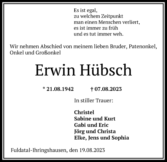 Todesanzeige von Erwin Hübsch von HNA