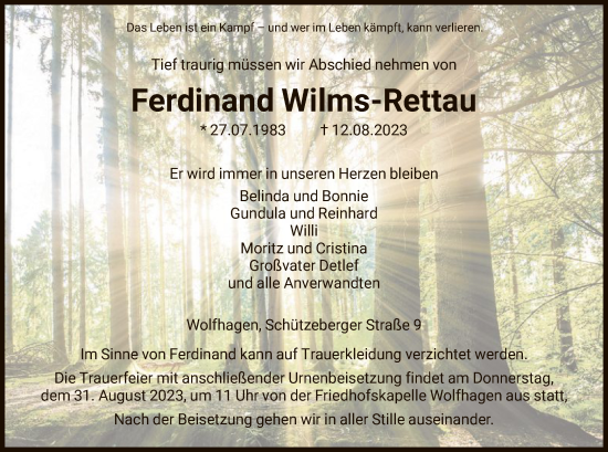 Todesanzeige von Ferdinand Wilms-Rettau von HNA