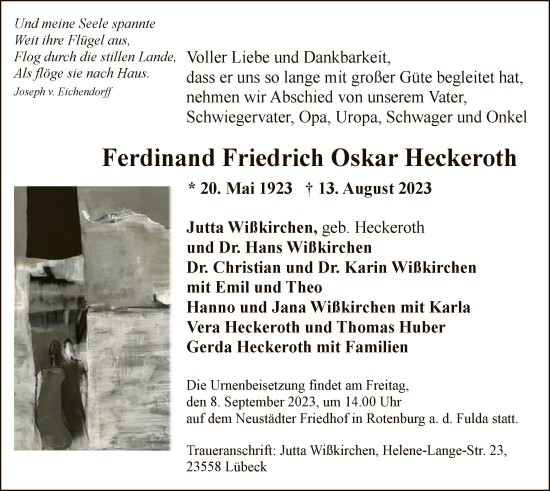 Todesanzeige von Ferdinand Friedrich Oskar Heckeroth von HNA