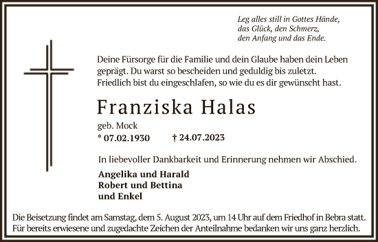 Todesanzeige von Franziska Halas von HNA