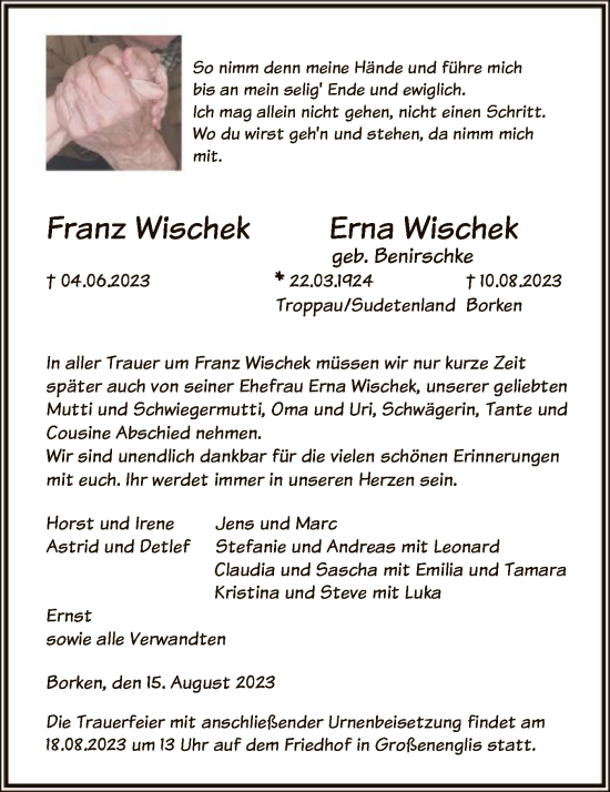 Todesanzeige von Franz und Erna Wischek von HNA