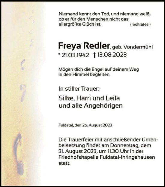 Todesanzeige von Freya Redler von HNA