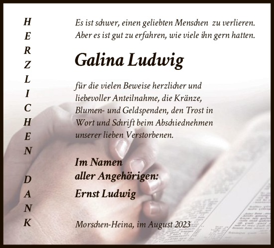 Todesanzeige von Galina Ludwig von HNA