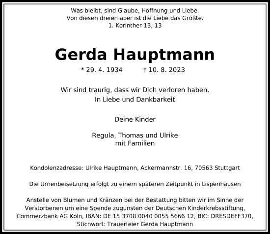 Todesanzeige von Gerda Hauptmann von HNA