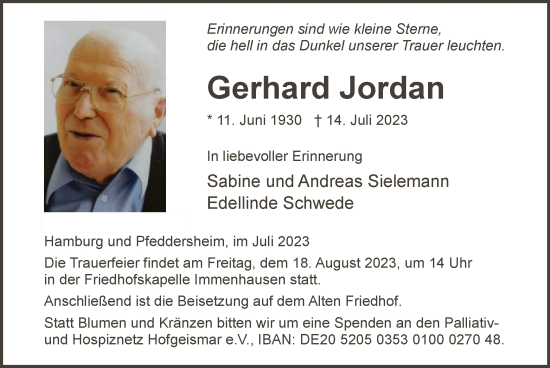 Todesanzeige von Gerhard Jordan von HNA