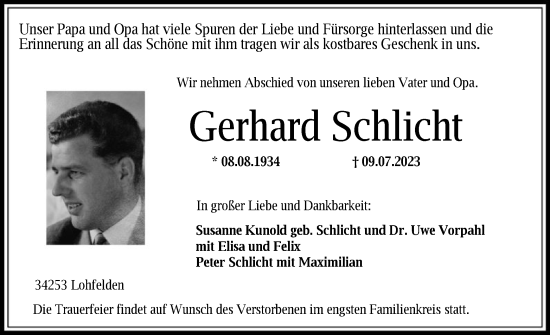 Todesanzeige von Gerhard Schlicht von HNA
