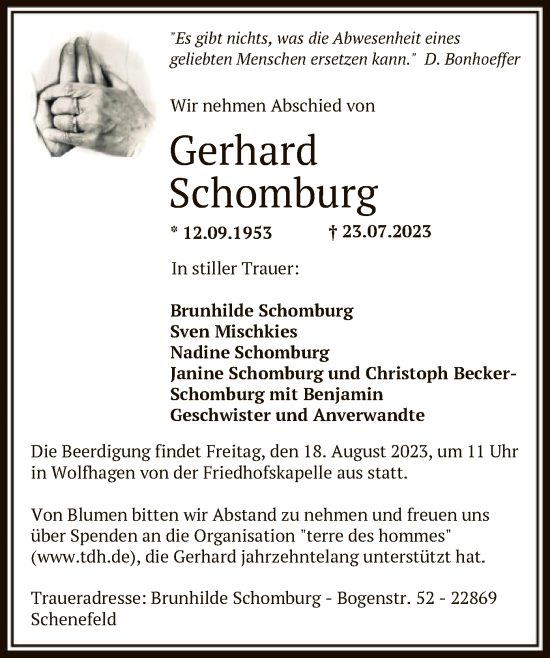 Todesanzeige von Gerhard Schomburg von HNA