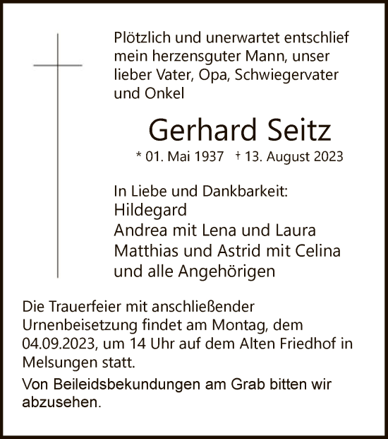 Todesanzeige von Gerhard Seitz von HNA
