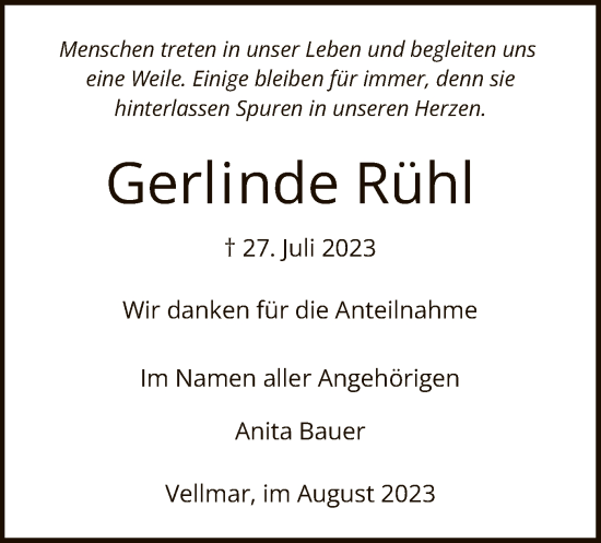 Todesanzeige von Gerlinde Rühl von HNA