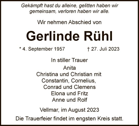 Todesanzeige von Gerlinde Rühl von HNA