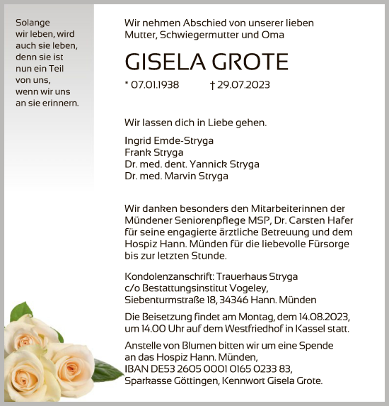 Todesanzeige von Gisela Grote von HNA