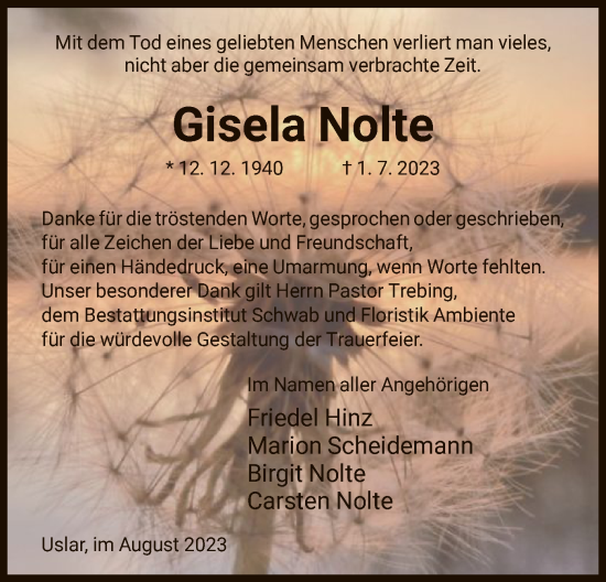 Todesanzeige von Gisela Nolte von HNA