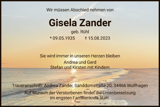 Todesanzeige von Gisela Zander von HNA