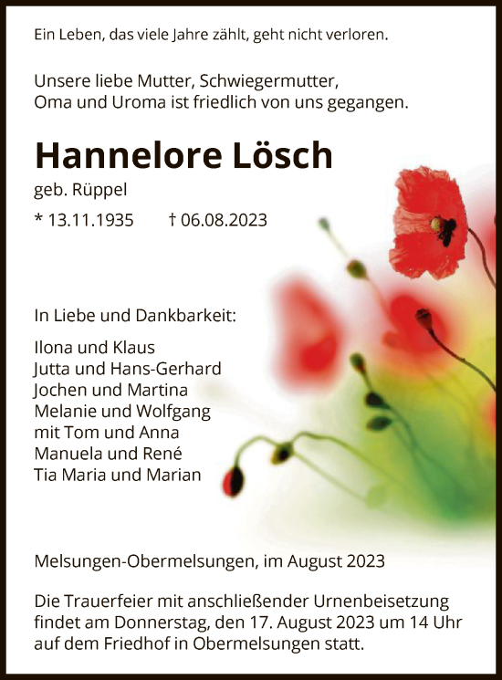 Todesanzeige von Hannelore Lösch von HNA