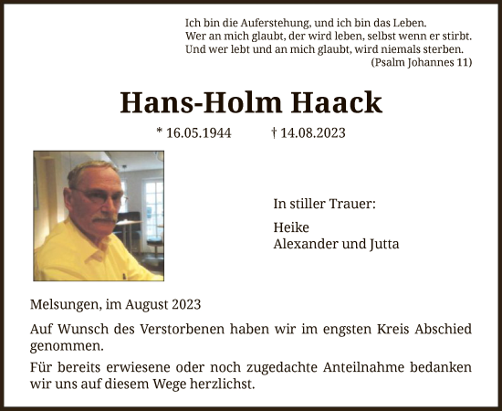 Todesanzeige von Hans-Holm Haack von HNA