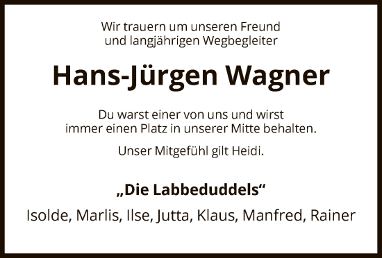 Todesanzeige von Hans-Jürgen Wagner von HNA