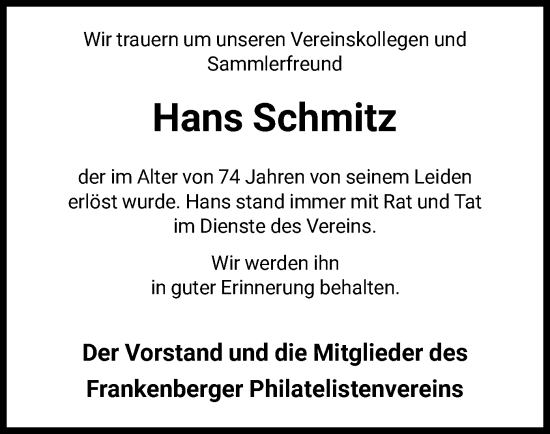 Todesanzeige von Hans Schmitz von HNA