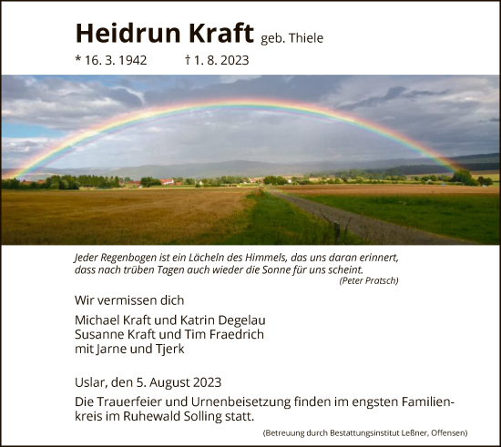 Todesanzeige von Heidrun Kraft von HNA